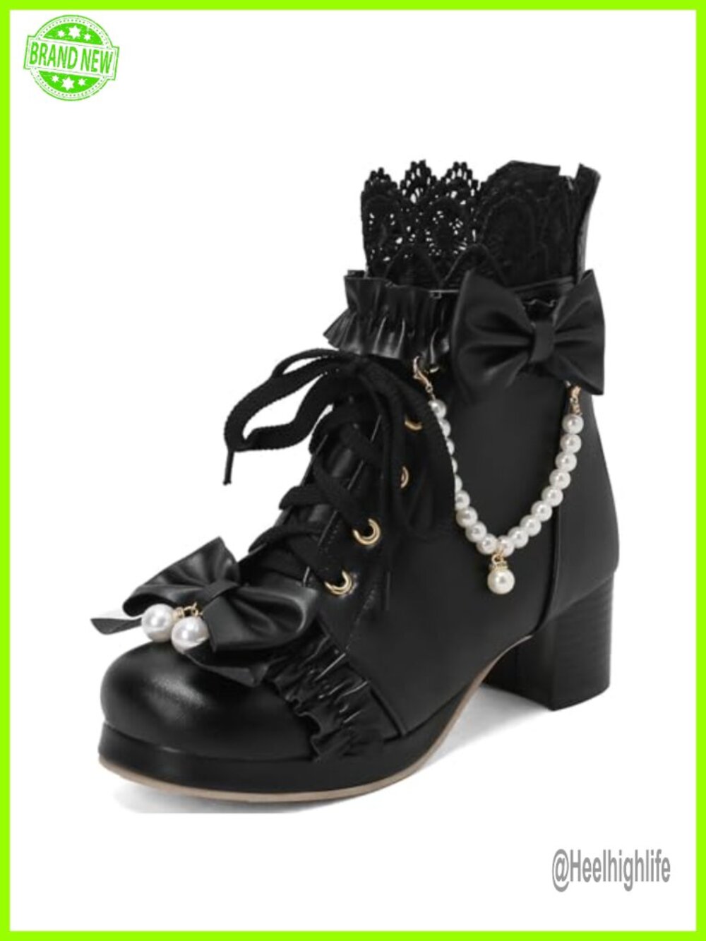 LUXMAX Women Lolita Ankle Boots Chunky Mid Heel Lace Up with Bow